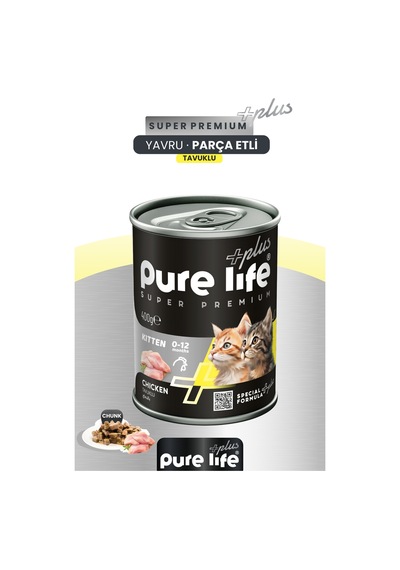 Purelife Plus 6'lı Tavuklu Yavru Puppy Kedi Konserve Chunk Parça Etli Yaş Mama 400 G