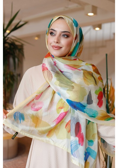 Mimiyum Nayf İpek Şal Pastel Desen Limon Sarısı