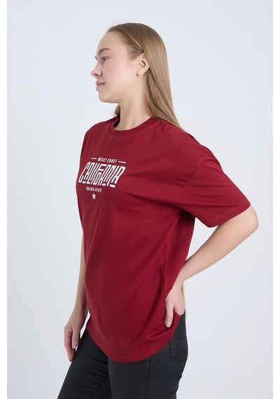 Kadın Oversize Baskılı T-shirt Bordo California Bordo