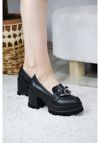 Asmi Shoes Kadın Kalın Toka 8 Cm Platformlu Loafer Ayakkabı Siyah Cilt Siyah