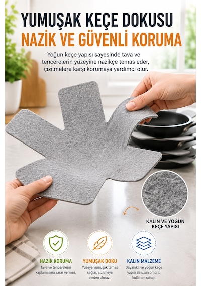 3'lü Gri Tava Çizdirmez Keçe Koruyucu 33 Cm Tava Tencere Ayırıcı Çizik Önleyici Organizer Set