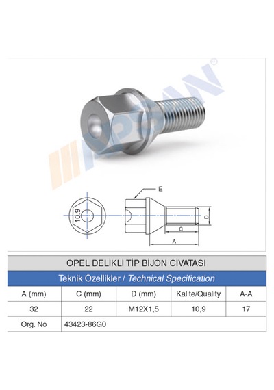 20 Adet Opel Delikli Tip Bijon Civatası