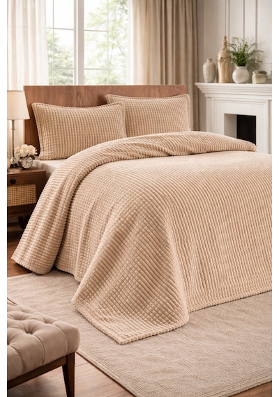 Modern Line Premium 3 Parça Battaniye Seti Özel Çantalı 220x240 Cm Yastık Kılıfı 50x70 Cm 2 Adet Karamel
