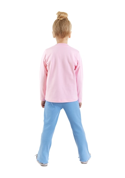 Kız Çocuk Kışlık Kedi Desenli Pamuklu Pembe Uzun Kollu Geniş Paça T-Shirt Pantolon Takımı 2-7 Yaş