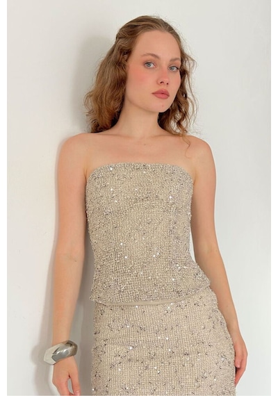 Verymoda Pul Payet Straplez Bluz D3123 Taş
