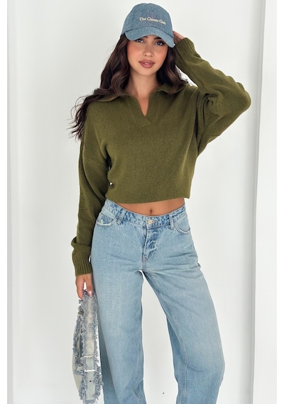Femelle Haki Kadın Polo Yaka Oversize Triko Kazak - Standart Beden Yumuşak Dokulu - 8551