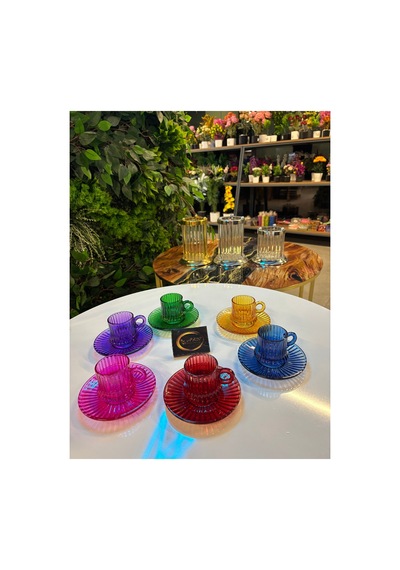 Renkli Cam Fincan Takımı, 6 Kişilik 12 Parça, Renkli Çay Seti, Espresso Takımı, 6 Renkli Fincan Çok Renkli
