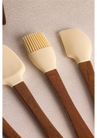 Milly Krem - 4'lü Akasya Saplı Krem Silikon Spatula Seti 21 cm Mutfak Seti Doğal Kaşık Spatula Seti