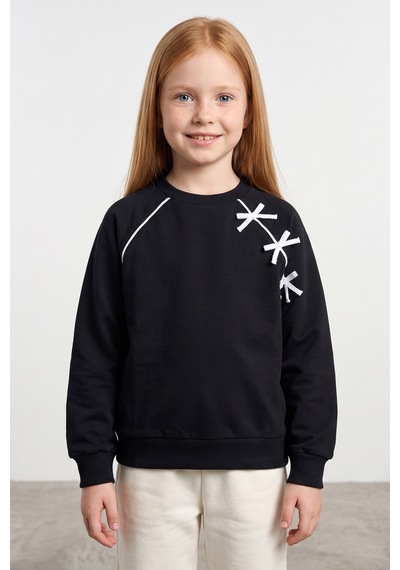 Fullamoda Fiyonk Nakışlı Biyeli Bisiklet Yaka Kız Çocuk Sweatshirt Siyah