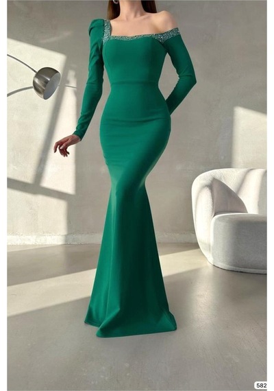 Lior Design Kadın Yeni Sezon Krep Kumaş Madonna Yaka Maxi Abiye Elbise Yeşil