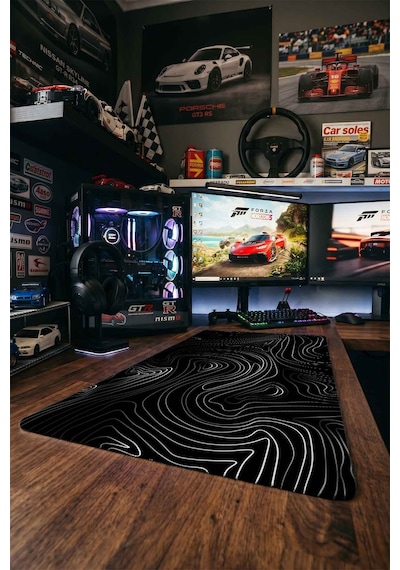 Minimal Siyah Topografik Çizgiler 40x90 Cm Oyuncu Mousepad Kaymaz Taban Büyük Boy Mousepad