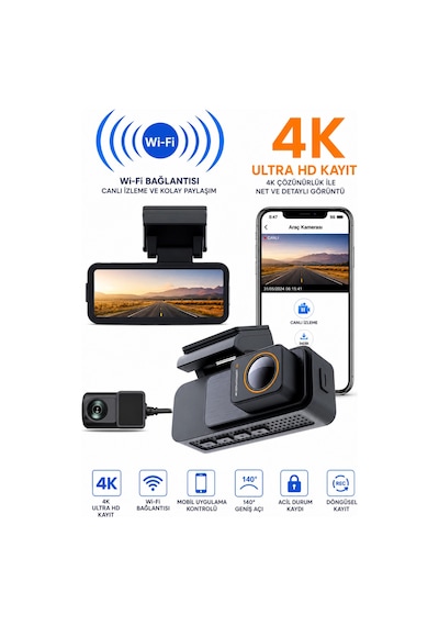 Harvox 4k Pro Araç İçi Kamera Seti 2 Kameralı 4k Ön + 1080p Arka , Wi-fi, Gps Park Modu
