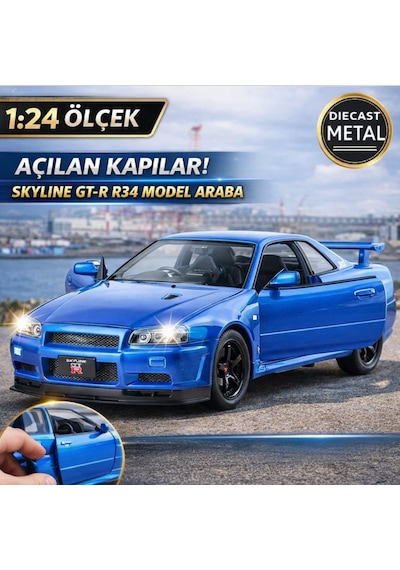 Nissan Skyline Gtr R34 1:24 Ölçek Diecast Model Araba Açılan Kapıları Nıssan Gtr R34 Model Mavi