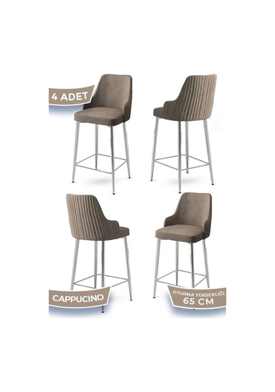Canisa Tera Serisi 4 Adet Babyface Kumaş 65 Cm Krom Kaplama Ayaklı Cappucino Bar Sandalyesi Cappucino Sandalye Krom Kaplama Ayak