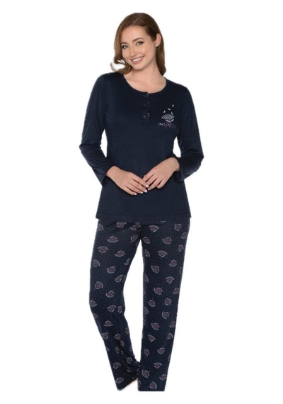 Alperi 790-06 Kadın Yuvarlak Yaka Uzun Kol Pijama Takım Lacivert