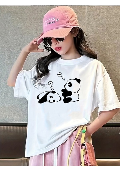 Uyguntarz Çocuk Uyuyan Pandalar Baskılı Pamuklu Tshirt Beyaz