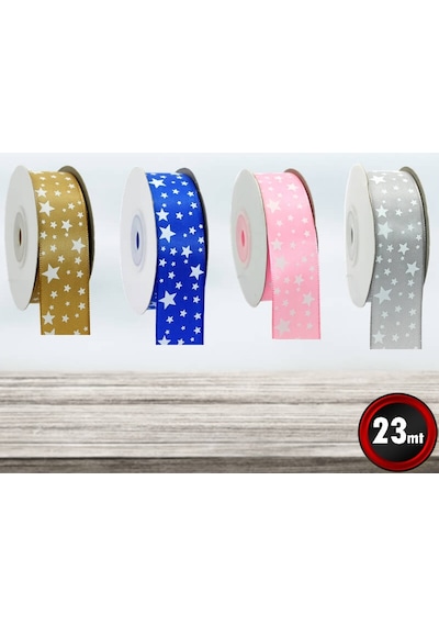 Saten Kurdele. Yıldız Baskılı. 2.50 Cm X 23 Mt - Pembe