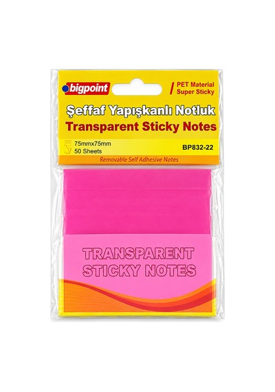 Bigpoint Pet Yapışkanlı Şeffaf Notluk 75x75mm Pembe X 12 Adet