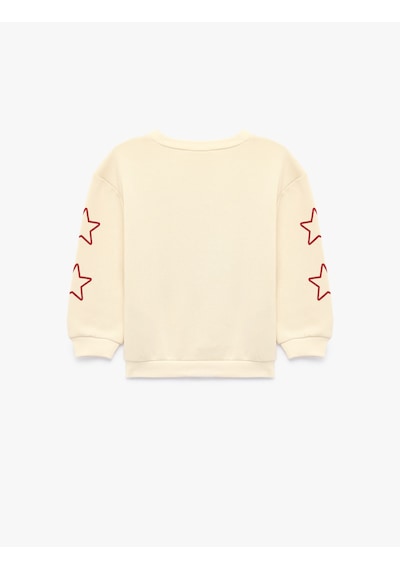 Koton Yıldız Baskılı Bisiklet Yaka Uzun Kollu Şardonlu Sweatshirt Bej 7wmg10172ak Ekru