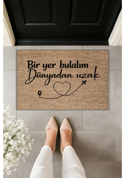 Rugmood Modern Dijital Baskı - Bir Yer Bulalım Dünyadan Uzak - Kapı Önü Paspası Kahverengi