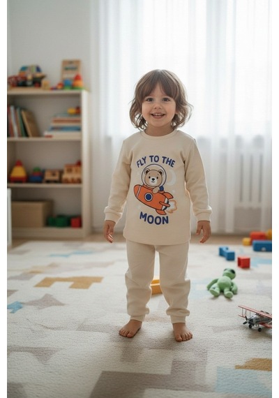 Aden Kids Mevsimlik Pamuklu Kumaş Karikatürlü Çocuk Pijama Takımı Bej