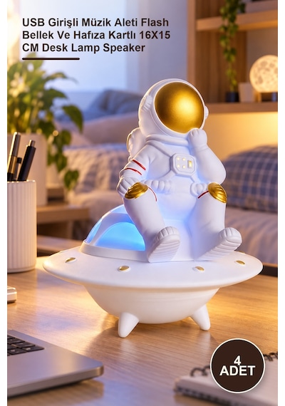 4 Adet Masa Üstü Astronot Lamba Usb Girişli Müzik Aleti Flash Bellek Ve Hafıza Kartlı 16x15 Cm Desk Lamp Speaker Diğer