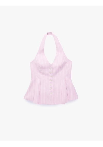 Koton Keten Karışımlı Sırt Dekolteli Çizgili Pileli Peplum Halter Yaka Yelek Pınk Strıpe 6sak20074pw Pembe Çizgili