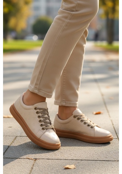 Pierre Cardin Krem Bağcıklı Kaymaz Taban Kadın Casual Ayakkabı Pc-55071 Z Krem