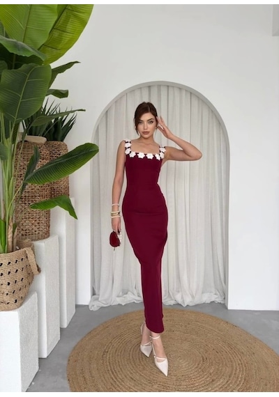 Defymoda Mıng Çiçek Detaylı Elbise Bordo
