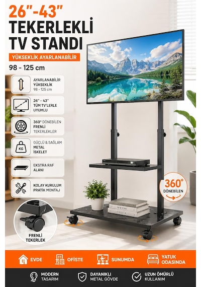 26-43 İnç Uyumlu Frenli Tekerlekli Yükseklik Ayarlı Mobil Tv Standı Konsol Hareketli Televizyon Ünitesi Siyah