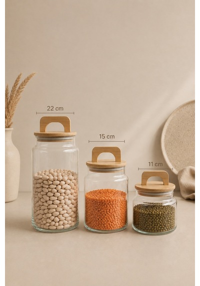 Serra - 3'lü Vakumlu Bambu Tutmalı Kapaklı 640 Ml 900 Ml 1400 Ml Kavanoz Takımı Şeffaf