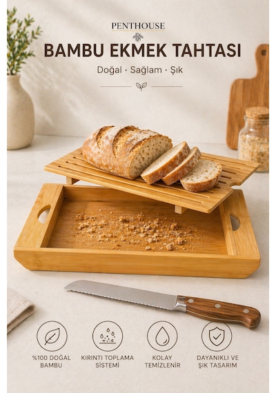 Bambu Ekmek Kesme Tahtası Kırıntı Toplayıcılı Tepsili Doğal Ahşap Kesim Ve Sunum Seti 34x22 Cm Açık Bej