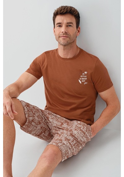 Arnetta Premium Erkek Cool Summer Rahat Kalıp %100 Pamuk Kısa Kollu Şortlu Aile Pijama Takım Kiremit