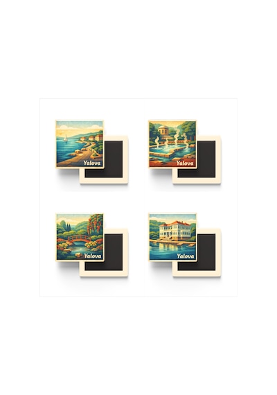 Yalova - 4'lü Memleket Seti - Baskılı Buzdolap Magneti Kare - 9x9 Cm - 4 Adet
