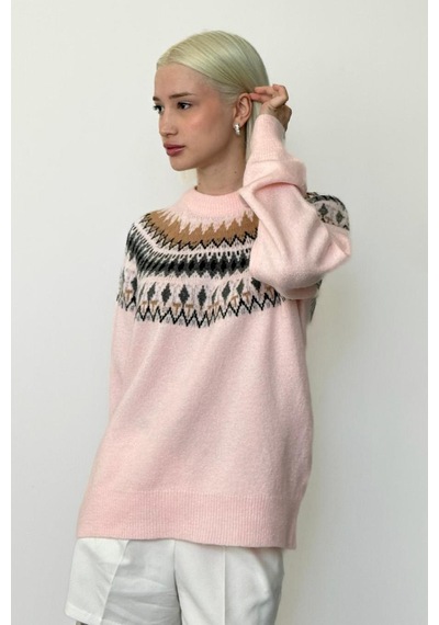 Madmext Pembe Bisiklet Yaka Desenli Kadın Triko Kazak Mg2502 Pembe