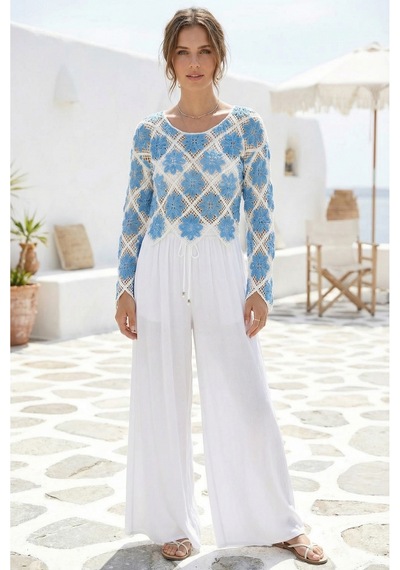 Sayzen Your Shine Çiçek Desenli Dantel Işleme Crop Sayzen Çiçek Desenli Dantel Işleme Crop Gök Mavi