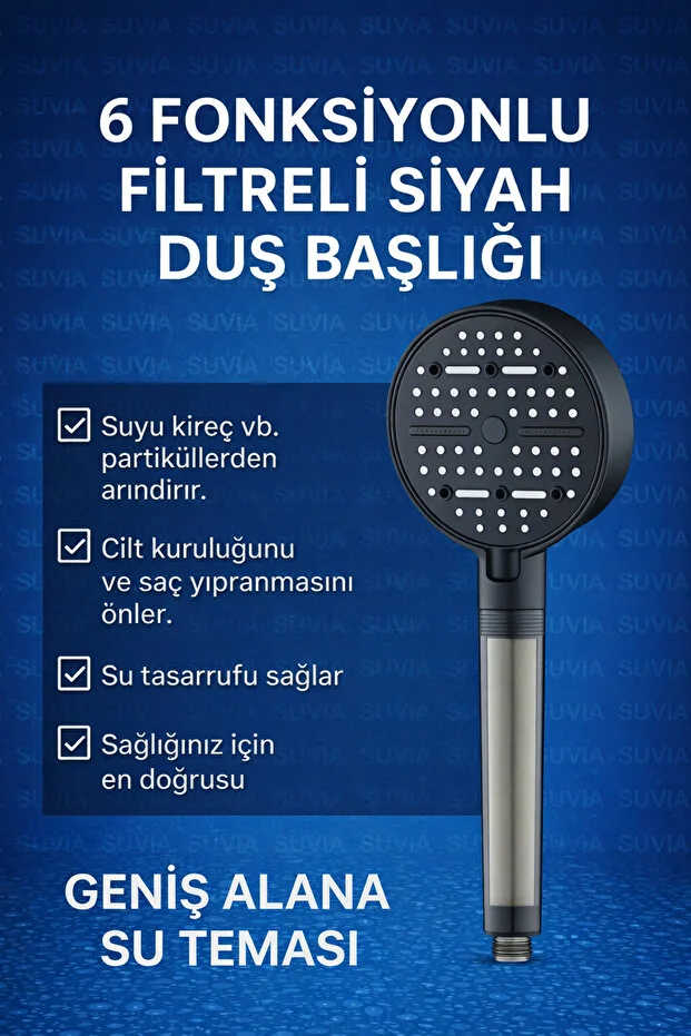 Filtreli Duş Başlığı 6 Fonksiyonlu Siyah Yüksek Basınçlı Tasarruflu