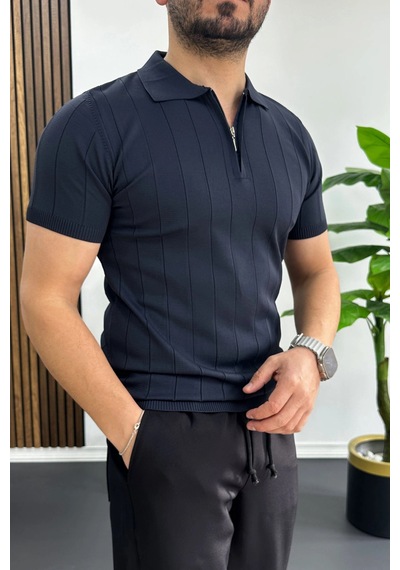Erkek Slim Fit Fermuarlı Polo Yaka Tişört Lacivert Edw452 Lacivert