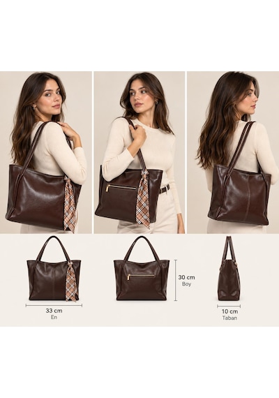 Kadın Fularlı Fermuarlı Kapamalı Shopper El Ve Omuz Çantası Acı Kahverengi
