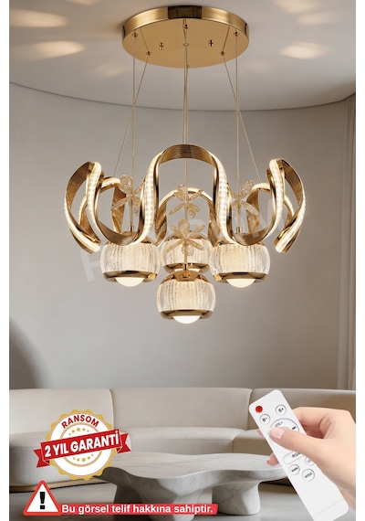 Ransom İthal Seri 4 Toplu Taç Büyük Led Avize 3 Renk Kumandalı Gold Kasa Ledli Salon Avizesi Altın