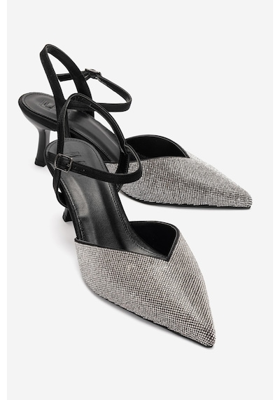 Luvi Shoes Nıvora Siyah Gümüş Taşlı Kadın İnce Topuklu Abiye Ayakkabı