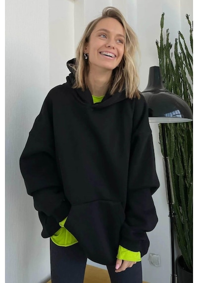 Koyu Siyah Kapüşonlu Şardonlu Oversize Sweatshirt Mg1566