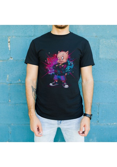 Vinevesta Porky Pig Graffiti Baskılı Unisex Siyah Oversize Tişört - 24/1 Penye Çok Renkli