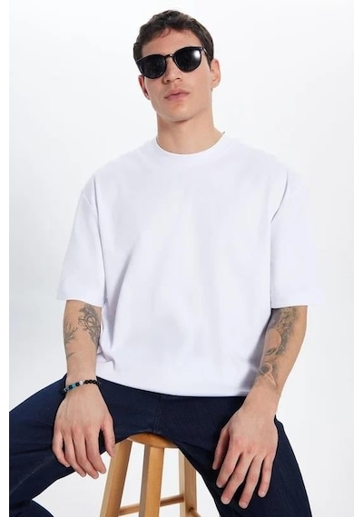 Tudors Unisex 3'lü Paket Lacivert-beyaz-siyah Oversize Geniş Kesim %100 Pamuk Basic Bisiklet Yaka Tişört-35277 Multi