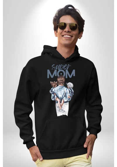 Süper Anne Anneler Günü Doğum Hediyesi Kadın Erkek Siyah Kapüşonlu Sweatshirt Hoodie Siyah