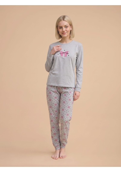 Wordex Fawn 6000 İnterlok Fiyonk Desenli Kışlık Ev Kadın Pijama Takımı Gri