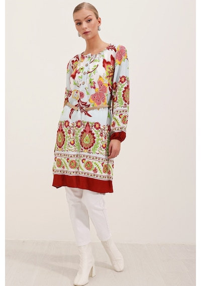 Bigdart 5902 Kemerli Desenli Elbise - Bordo 001