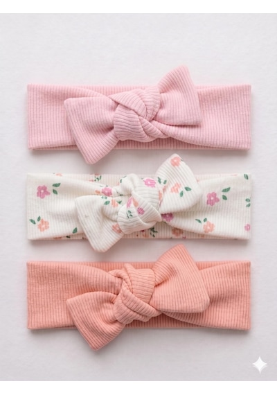 Kız Bebek 3 Lü Ribana Fiyonklu Bandana Seti - Somon