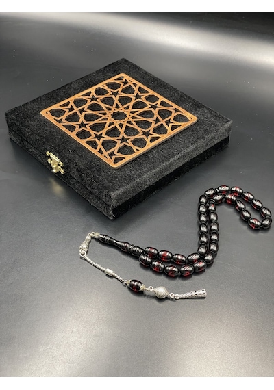 Onurlu Tesbihane Çift Renk Beyrut Tesbih Kırmızı 8x12 Mm Kapsül Kesim Erkek Tesbihi Gümüş