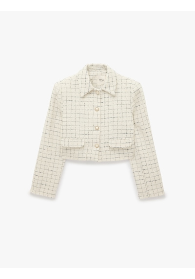 Koton Düğmeli Ekoseli Uzun Kollu Gömlek Yaka Crop Blazer Ceket Ekru Ekose 7wak50032uw Ekru Ekoseli